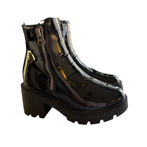 Black Patent Platform Ankle Boots with Side Zipper